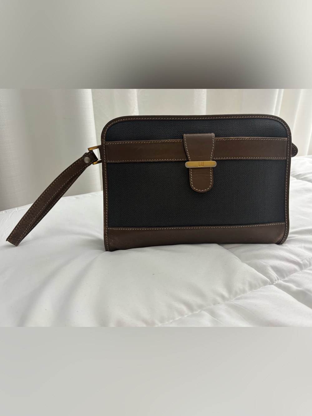 Dunhill Charcoal & Brown Leather-Trim Wristlet/Clutch/Pouch.